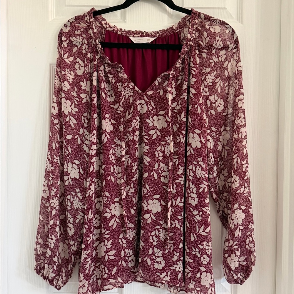 Lauren Conrad Burgundy Floral Blouse